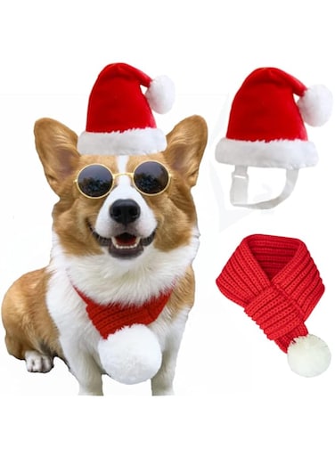 ANIAC Cat Santa Hat with Scarf Dog Xmas Cap Puppy Christmas Costume Pet Warm Headgear Doggy Neck Accessories for Cats and Small Dogs(Small)
