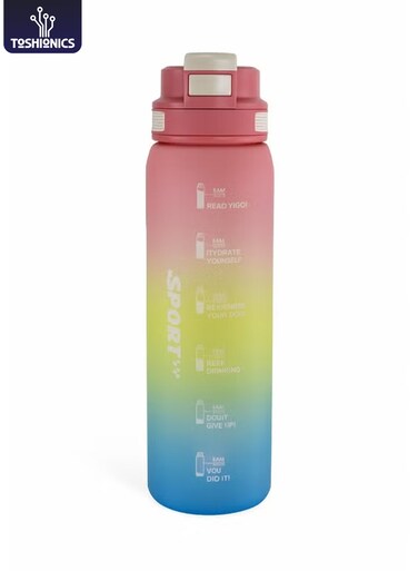 1000ml Motivational Sports Water Bottle with Time Markers, One-Touch Lid, Flip-Up Integrated Straw, One Carry Handle and Non Slip Lid - BPA-Free, Leak-Proof Lid, Eco- Friendly, Plastic, Reusable, Drink Reminder Water Bottle for Adults and Kids in School, Office, Daily Hydration, Gym, Fitness, Outdoor, Sports and Travel, 32oz Bottle