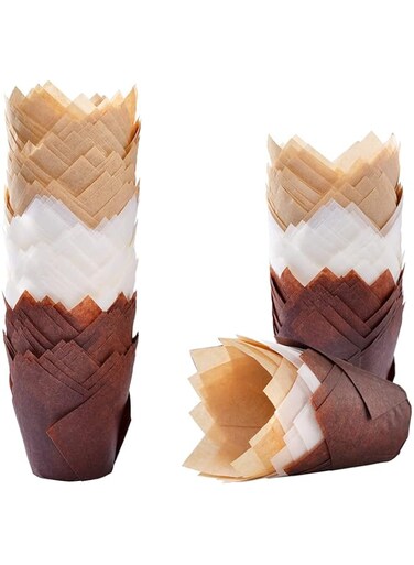 Arabest Tulip Cupcake Liners, 150pcs Greaseproof Not Curl or Burn Baking Cup Holders and Muffin Baking Cups, Muffin Liners Cupcake Wrappers for Wedding, Birthday, Party (Brown, Nature Color, White)