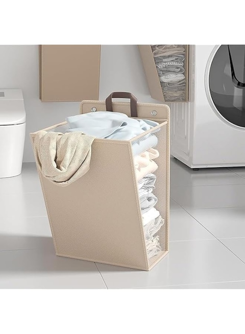Jorunb Laundry Basket, Foldable Hanging Clothes Basket with Lid and Handle, Breathable Mesh, Laundry Basket Bag, Clothing Storage Bag, Clothing Toy Basket (Khaki)