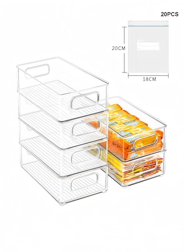 6 PCS Clear Plastic Drawer Organizers + 20 PE Food Seal Bags, Multi-Purpose Storage Set for Makeup, Jewelry, Kitchen, Bedroom and Office Organization