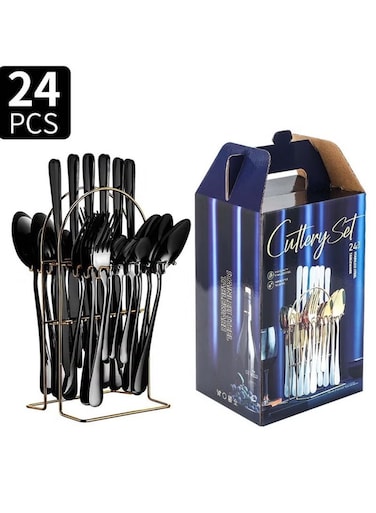24-Piece Stainless Steel Cutlery Set with Stand &acirc;&euro;&ldquo; Matte Black Finish