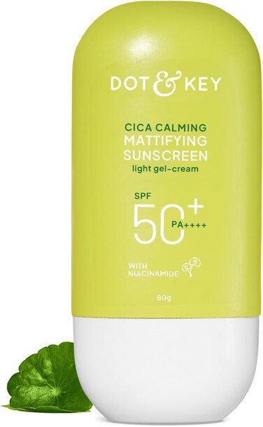 Dot &amp; Key CICA Calming Mattifying Sunscreen SPF 50 PA++++   For Oily Acne Prone &amp; Sensitive Skin   UVA/UVB Protection   No White Cast, Ultra Light, Fragrance Free &amp; Quick Absorbing 80gm