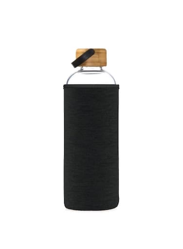GLOBAL MAX-EMA Glass Water Bottle Black 1 Liter With Bamboo Lid And Neoprene Sleeve Reusable Glass Bottle For Hot And Cold Drinks, Juice, Tea, Milk, Smoothies And For Home, Gym And Travel