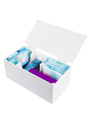 Acrylic Sanitary Napkin Storage Container, Sanitary Napkin Holder,Pad Holder for Period, Pad Holder for Women Bathroom, Pad and Tampon Holder for Bathroom, Sanitary Napkin Dispenser, White