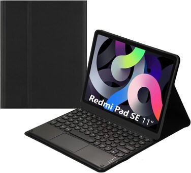 Muzz Redmi Pad SE Keyboard Leather Stand Case Cover with Detachable Wireless Keyboard, 11 Inch, for Pad SE Wifi Arabic and English (Xiaomi Redmi Pad SE 11inch)