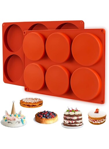 SWIUKPHE Large Silicone Molds for Baking 2 Pcs, 6-Cavity Round Silicone Baking Mold, Non-Stick 4&rdquo; Baking Disc Molds for Whoopie Pie, Egg Pan, Muffin, Candy, Soap, Hamburger(Red)