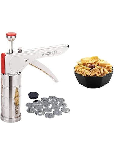 Wazdorf Stainless Steel Kitchen Press with 15 Different Types of Jalies, Murukku Maker/Bhujiya Maker/Noodles/Cookies/Namkeen/Chakali Maker/Sev Maker/Farsan Maker/Gathiya Maker (Kitchen Press Tool)