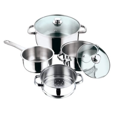 VINOD STAINLESS STEEL 6 PC COOKWARE SET WITH STEAMER, VICS06, SAUCEPAN - 16CM WITHOUT LID   CASSEROLE - 20 &amp; 24CM WITH GLASS LID   STEAMER INSERT - 20CM