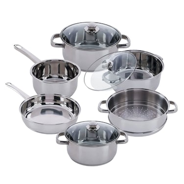 VINOD STAINLESS STEEL 9 PC COOKWARE SET WITH STEAMER, VICS09, SAUCEPAN - 16CM WITHOUT LID   FRYPAN - 24CM WITHOUT LID   CASSEROLE - 18,20 &amp; 24CM WITH GLASS LID   STEAMER INSERT - 24CM