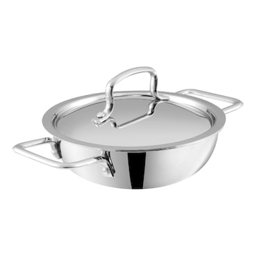 VINOD PLATINUM TRIPLY STAINLESS STEEL EXTRA DEEP KADAI/KADHAI WITH STAINLESS STEEL LID - 1.2 LITRES, 18 CM, VTK018, COOKING POT, FRYPAN, CASSEROLE