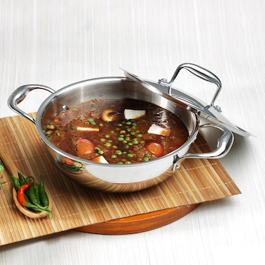 Vinod Platinum Triply Stainless Steel Kadai with Lid - 28 cm, 3.7 L, Silver (Induction Friendly)