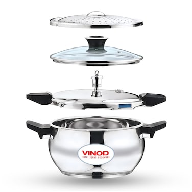 Vinod Magic Stainless Steel Smart 3-in-1 Pressure Cooker, 3.5 Litre   5mm Thick Base   Includes Strainer and Glass Lid   Suitable for Induction and Gas Cooktops