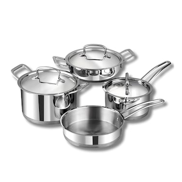 Vinod Classic Deluxe Stainless Steel Cookware Combo Set - Includes 4 pieces: Saucepan, Saucepot, Kadai, and Frypan/Deep Kadhai, featuring a sturdy induction-compatible bottom for efficient cooking.