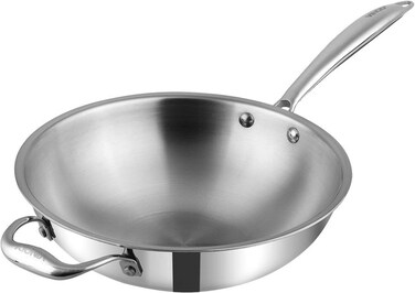 Vinod Platinum Triply Stainless Steel Wok with Riveted Sturdy Handle -26cm, 3 Liters, Silver (Induction Friendly)