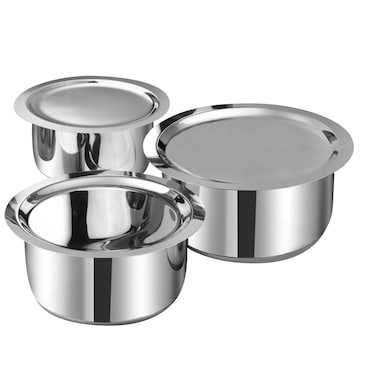 VINOD Stainless Steel 3-Piece Tope Set with Lid   1L, 1.4L &amp; 1.8L   Induction Base Sandwich Bottom Patila/Bhagona Set, V7101112