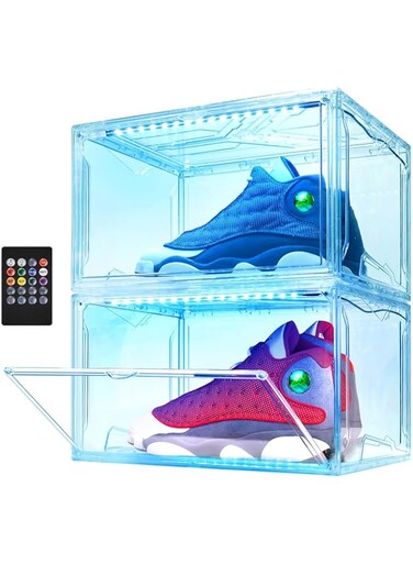 Oltraman Shoe Storage Organizer for Closet, Foldable Shoe Boxes Rack 2 pack, Clear Plastic Stackable Containers Bins Holder, Magnetic Sneaker Shelf for Sneakerheads with LED Lights Clear