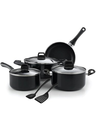 HASCEVHER Cookware Beren 9 Piece Non-Stick Cookware set Fry Pan   Milk Pot With Glass Lid   2 Pot with Glass Lid   2 Plastic Spoon Set - Made In Turkey