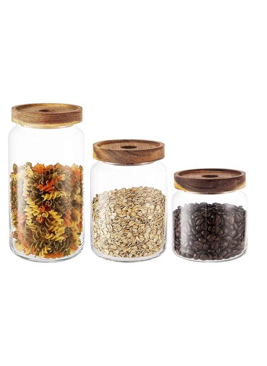 Airtight Glass Storage Jar with Acacia Wood Air-tight Lid,3 Pack Borosilicate Glass Kitchen Canisters,500ml+800ml+1600ml