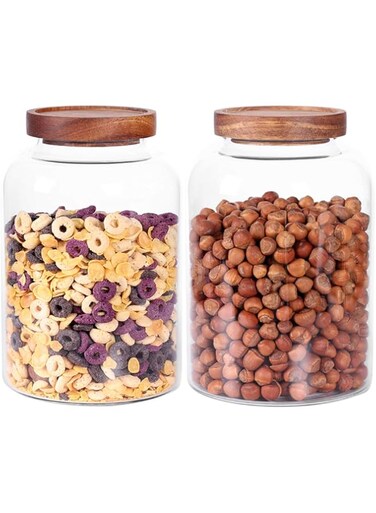 LEAVES AND TREES Y Thicken Glass Storage Jar, Food Storage Container/Canisters with Airtight Wooden Lid for Tea, Coffee, Honey, Cacao Powder,BPA Free Perfect as a Cereal Dispenser (7.6inch 2pcs)