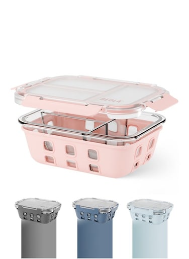 3 Compartment Glass Food Storage Container with Airtight Lid and Silicone Protection, Individually Sealed 3 Section Meal Prep Container, Freezer, Dishwasher, Microwave Safe, 1050ml(Blush Pink)