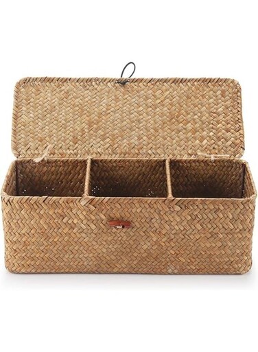 Seagrass Storage Basket with Lid Rectangular Small Woven Shelf Baskets with Sections for Organize Snack Toys Tampon