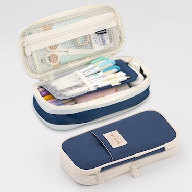 Angoo Macaron Double-layer Retractable Large-capacity Pencil Case Stationery Box - Dark Blue