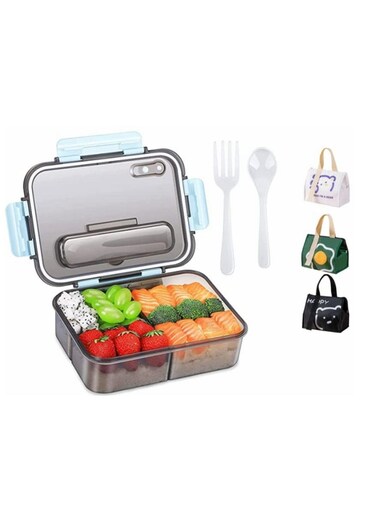 COOLBABY Student Office Worker Lunch Box Microwave Oven Easy Clean Leak-proof Reusable 1500ML 3 Grid Built-in Cutlery Random Aluminum Lunch Bag(BLUE)