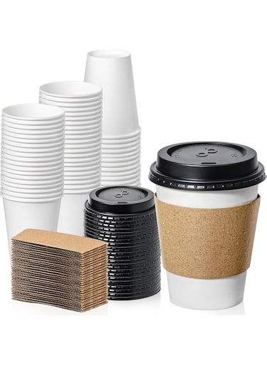 Fit Meal Prep 50 Pack 12 oz Disposable Coffee Cups with Lids, Sleeves, Leak-Proof To Go Coffee Cups with Lids, Durable Paper Cups for Hot Beverage, Home, Office, Party