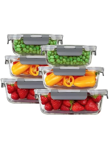 MAMATOONS 6-Pack Glass Food Storage Containers with Leak-Proof Airtight Snap Locking Lids, Glass Meal Prep Containers, Borosilicate Glass Tupperware Containers, Glass Containers for Kitchen Storage