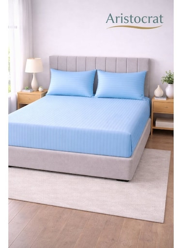 3-Piece Striped Microfiber Fitted Sheet Set Super King 200x200cm &acirc;&euro;&ldquo; Soft Elastic Deep Pocket 17cm Bedsheet with 2 Pillowcases 50x70cm, Sky Blue Microfiber Sky Blue 200x200+17cm