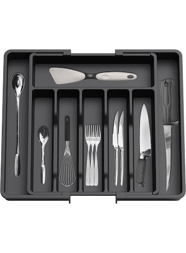 Silverware Drawer Organizer, Expandable Utensil Organizer with Adjustable Compartments &acirc;&euro;&ldquo; Large Capacity Kitchen Flatware &amp; Cutlery Tray for Spoons, Forks &amp; Knives, Black