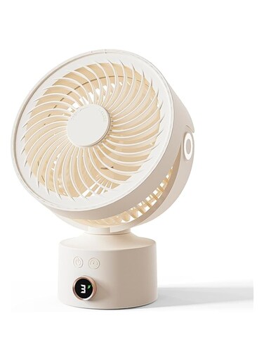 CARONSORT Desk Fan with Battery Operated, Small Oscillating Fan, Small Fans for Bedroom, Table Air Circulator with 3 Speeds,Portable Fan for Office/Dorm/Room-Beige