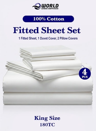 4-Piece Luxury King Size White Bedding Set &acirc;&euro;&ldquo; 100% Cotton, 180 TC   Duvet Cover 220x240cm, Fitted Sheet 200x200+30cm &amp; 2 Pillow Cases 50x75cm