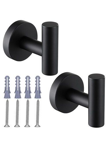 Nolimas Matte Black Towel Coat Hooks SUS304 Stainless Steel Bathroom Clothes Garage Hotel Cabinet Closet Sponges Robe Hook Wall Mounted Round Kitchen Heavy Duty Bath Door Hanger 2 Pack