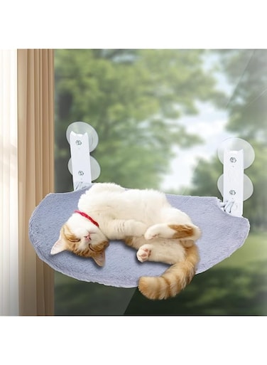 Cat Window Perch, Foldable Sunbath Cat Bed with Cat Teaser, Cat Hammock with Solid Metal Frame and Soft Cover, Space Saving Window Mounted Cat Hammock (Grey, Lint)