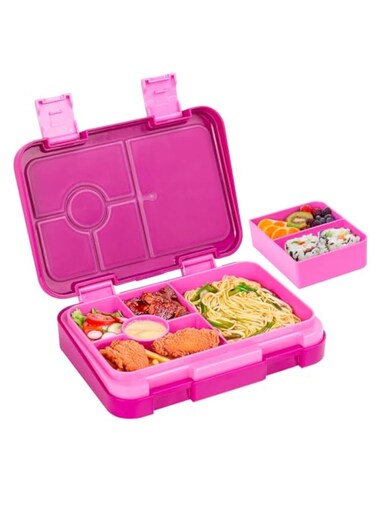 Bento Lunch Box with 6 Compartments, Leak Proof Lunchbox Snack Boxes for Kids, BPA-Free Reusable On-the-Go Meal and Snack Packing Containers, Fuchsia