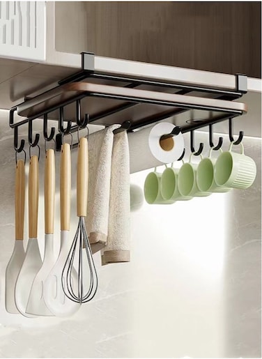 1-Piece Kitchen Mug Holder Kitchen Storage Rack Cupboard Shelf Hanging Hook Wardrobe Organizer Holder Black 61x4 cm