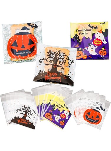 REVHQ Halloween Cute Cookie Bag, 300 PCS Resealable Gift Bags, 4 x 4 INCH Self Adhesive Treat Bags Flat Cellophane Goody Bags for Kids Party Favor Candies and Desserts