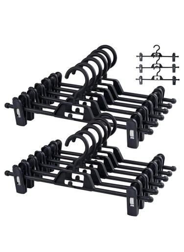 10 Pack Clip Pants Hangers, Adjustable Non-Slip Plastic Trouser &amp; Skirt Hangers, Stackable Clothes Hangers with Clips &acirc;&euro;&ldquo; 32x13cm (13x5 inch)(Black)