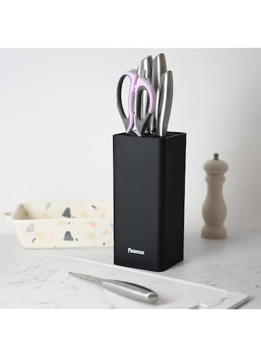 Fissman Universal Knife Block Storage 10x10x20cm, Square-Shape Kitchen Knife Stand Organizer   Flexible Plastic Bristle   Easy to Clean Knife Holder for Kitchen, Home, Restaurant, Black