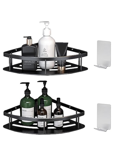 Aohellfe No Drilling Adhesive Black Bathroom Shower Shelf, Bathroom, Toilet, Kitchen Wall Storage Shelf (2 Pack) (triangular shelf)