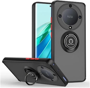 Honor X9b Case Flexible Silicone Protective Bumper, Camera Protection Thin Translucent Shockproof Matte Back Cover with 360 rotational Car Mount Magnetic Ring Holder For Honor X9b 5G 2023 (Black+Red)