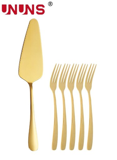 Cake Knife And Fork Set,Stainless Steel Pizza Server With 6 Forks,Cake Shovel Dessert Fork Sets For Wedding Birthday Parties Events,Golden