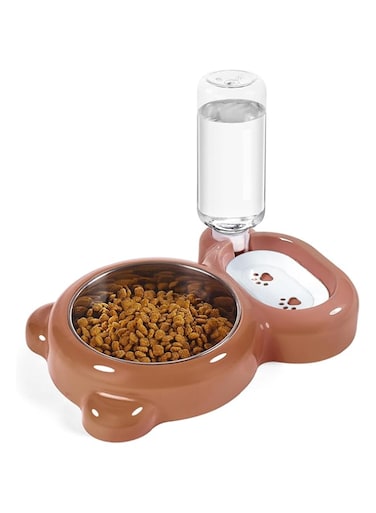 Azwraith Dog Bowls, Cat Food and Water Bowl Set with Water Dispenser and Stainless Steel Bowl for Cats and Small Dogs - Brown