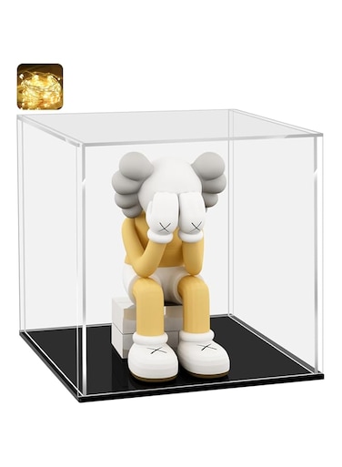 LANSCOERY Clear Acrylic Display Case, Assemble Cube Display Box Stand with Black Base, Dustproof Protection Showcase for Collectibles Memorabilia Figurines (7x7x7inch; 18x18x18cm)