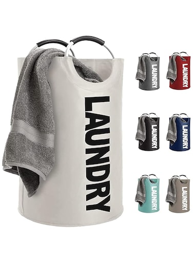 Swift 82L Foldable Laundry Bag with Padded Handles   Large Laundry Hamper Basket   Easy-to-Carry Clothes Hamper for Bedroom, Bathroom, Nursery, Utility Room (Light Grey)