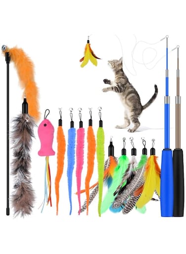 Qoosea Cat Feather Toys, 2PCS Retractable Cat Wand Toy and 13PCS Replacement Teaser with Bell Refills, Interactive Cat Wand for Kitten Cat Having Fun Playing