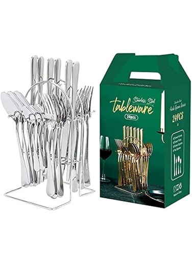 NB 24 Pieces Stainless Steel Flatware Set with Stand, Cutlery Set Mirror Polished, Service for 6, Include Knife/Fork/Spoon/Teaspoon(Sliver)