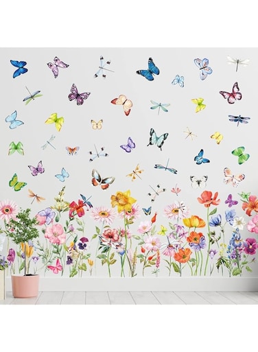 Zonon Flowers Wall Decals Vinyl Dragonflies Flowers Wall Stickers Removable Floral Wall Murals Peel and Stick Colorful Flower Wall Decor for Bedroom Living Room Nursery(Modern)